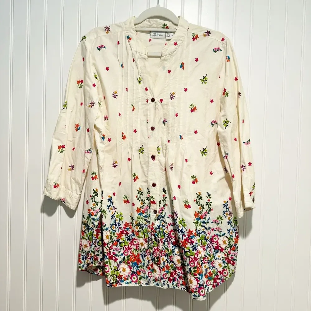 Vermont Country Store Floral Pintucked Cotton Shirt Size Large